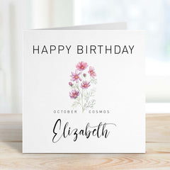 October Birthday Card Cosmos Flower For Born In October With Name For Him Her Birth Birthday Gift Card Personalised Happy Birth Flower Card