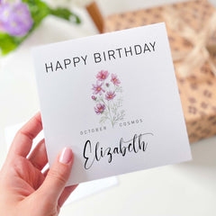 October Birthday Card Cosmos Flower For Born In October With Name For Him Her Birth Birthday Gift Card Personalised Happy Birth Flower Card