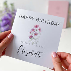 October Birthday Card Cosmos Flower For Born In October With Name For Him Her Birth Birthday Gift Card Personalised Happy Birth Flower Card