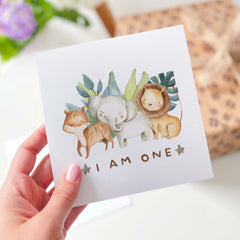 First Birthday Card Girls Boys Safari 1St Birthday Son Grandson Nephew Godson Nephew Niece Jungle Card Cute Baby Animals I Am One Woodland