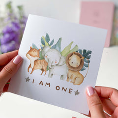 First Birthday Card Girls Boys Safari 1St Birthday Son Grandson Nephew Godson Nephew Niece Jungle Card Cute Baby Animals I Am One Woodland