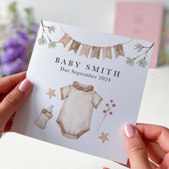 New Baby Card With Babys Name And Date Of Birth Welcome To The World Boy Girl New Born Baby Clothes And Bottle Design Newborn Baby Shower