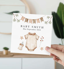 New Baby Card With Babys Name And Date Of Birth Welcome To The World Boy Girl New Born Baby Clothes And Bottle Design Newborn Baby Shower