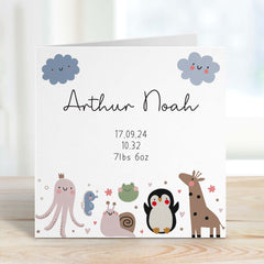 New Baby Card With Name Date Height Weight Gift Card Baby Boy Girl Cute Animal Figures New Born Card For New Mum Woodland Animal Babyshower