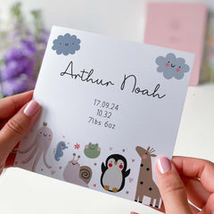 New Baby Card With Name Date Height Weight Gift Card Baby Boy Girl Cute Animal Figures New Born Card For New Mum Woodland Animal Babyshower