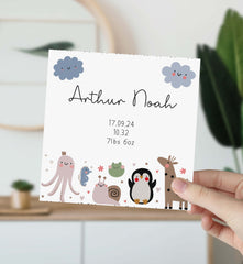 New Baby Card With Name Date Height Weight Gift Card Baby Boy Girl Cute Animal Figures New Born Card For New Mum Woodland Animal Babyshower