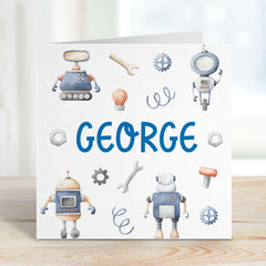 Personalised Kids Birthday Card For Boy Girl With Name Cute Robot Theme Happy Birthday Gift Card For Boys Girls Robot Lover Robots Party