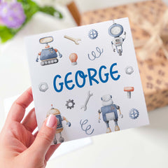 Personalised Kids Birthday Card For Boy Girl With Name Cute Robot Theme Happy Birthday Gift Card For Boys Girls Robot Lover Robots Party