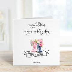 Personalised Wedding Card With Name Date Congratulations Gift Card Floral Newlywed Married Couple Greeting Card On Your Day Wellington Boots