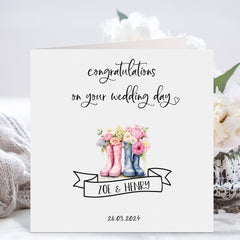 Personalised Wedding Card With Name Date Congratulations Gift Card Floral Newlywed Married Couple Greeting Card On Your Day Wellington Boots