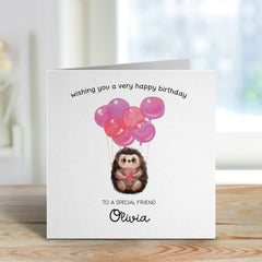 Friend Birthday Card Personalised Friend's Gift Card With Name Cute Hedgehog Pink Balloons For Special Friends Happy To My Bestie Best