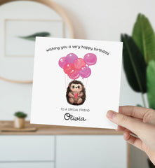 Friend Birthday Card Personalised Friend's Gift Card With Name Cute Hedgehog Pink Balloons For Special Friends Happy To My Bestie Best