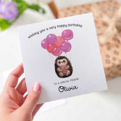 Friend Birthday Card Personalised Friend's Gift Card With Name Cute Hedgehog Pink Balloons For Special Friends Happy To My Bestie Best