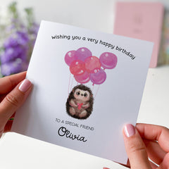 Friend Birthday Card Personalised Friend's Gift Card With Name Cute Hedgehog Pink Balloons For Special Friends Happy To My Bestie Best