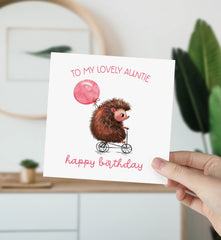 Birthday Card For Auntie With Cute Hedgehog On Bike Balloon To My Lovely Auntie Happy Birthday Thinking Of You Gift Card Aunt Birthday Card