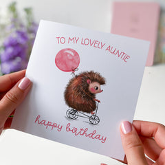 Birthday Card For Auntie With Cute Hedgehog On Bike Balloon To My Lovely Auntie Happy Birthday Thinking Of You Gift Card Aunt Birthday Card