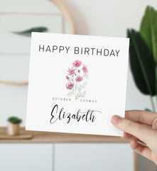 October Birthday Card Cosmos Flower For Born In October With Name For Him Her Birth Birthday Gift Card Personalised Happy Birth Flower Card