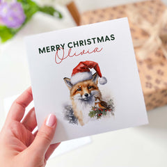 Personalised Merry Christmas Card With Name Cute Fox In Santa Hat Xmas Cards For Him Her Friend Mum Dad Auntie Uncle Grandma Grandad Nanny