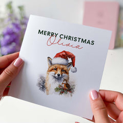 Personalised Merry Christmas Card With Name Cute Fox In Santa Hat Xmas Cards For Him Her Friend Mum Dad Auntie Uncle Grandma Grandad Nanny