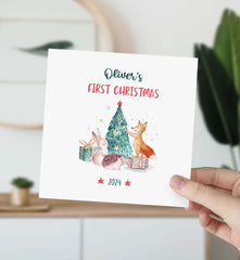 Personalised First Christmas Card With Name Cute Woodland Animals 1St Xmas Card For Baby Son Daughter Grandson Granddaughter Nephew Niece