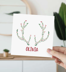 Christmas Card With Name And Deer Antlers Made Of Flowers Xmas Cards For Him Her Friend Families Mum Dad Teenage