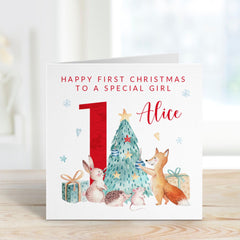 Happy First Christmas To A Special Girl Card With Name For Baby Girl Woodland Animals 1St Xmas Niece Granddaughter Daughter 1St Xmas Card