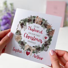 To My Husband On Our First Christmas Married Gift Card With Names 1St Christmas Gift Card Floral Design To Husband Romantic Card