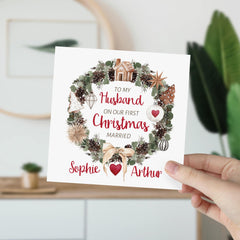 To My Husband On Our First Christmas Married Gift Card With Names 1St Christmas Gift Card Floral Design To Husband Romantic Card