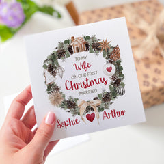 To My Wife On Our First Christmas Married Gift Card With Names 1St Christmas Gift Card Floral Design To Wife Romantic Card