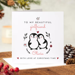 To My Beautiful Girlfriend With Love At Christmas Time Gift Card With Name And Cute Penguins Romantic Xmas Card For Girlfriend Wife Fiancee