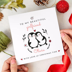 To My Beautiful Girlfriend With Love At Christmas Time Gift Card With Name And Cute Penguins Romantic Xmas Card For Girlfriend Wife Fiancee