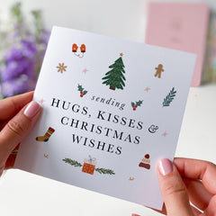 Sending Hugs Kisses Christmas Wishes Card With Cute Design Xmas Tree Card For Him Her Family Friend Mum Dad Grandma Grandad Nanny Wife Hubby