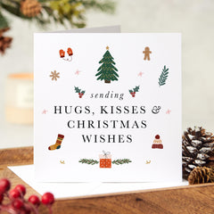 Sending Hugs Kisses Christmas Wishes Card With Cute Design Xmas Tree Card For Him Her Family Friend Mum Dad Grandma Grandad Nanny Wife Hubby