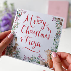 Personalised Merry Christmas Card Cute Fox And Rabbit Floral Design Xmas Cards For Him Her Friend Mum Employee Colleague Kids Nephew Niece