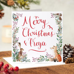 Personalised Merry Christmas Card Cute Fox And Rabbit Floral Design Xmas Cards For Him Her Friend Mum Employee Colleague Kids Nephew Niece