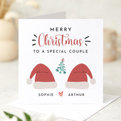 Merry Christmas To A Special Couple Card With Names And Santa Hats For Boyfriend Girlfriend Wife Husband Fiancee Newlywed Married Engaged