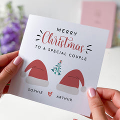 Merry Christmas To A Special Couple Card With Names And Santa Hats For Boyfriend Girlfriend Wife Husband Fiancee Newlywed Married Engaged