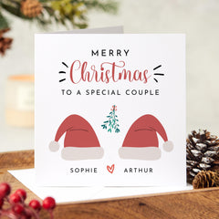 Merry Christmas To A Special Couple Card With Names And Santa Hats For Boyfriend Girlfriend Wife Husband Fiancee Newlywed Married Engaged