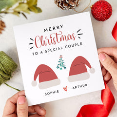 Merry Christmas To A Special Couple Card With Names And Santa Hats For Boyfriend Girlfriend Wife Husband Fiancee Newlywed Married Engaged