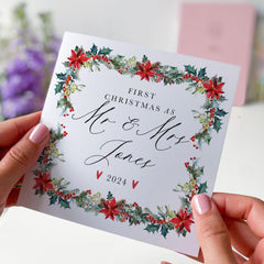 Personalised First Christmas As Mr And Mrs Last Name Card Our 1St Christmas Married Newlywed Xmas Card Floral Design