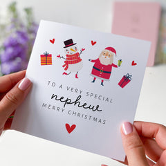 To A Very Special Nephew Merry Christmas Card With Santa Claus And Cute Snowman Design For Nephew Xmas Card