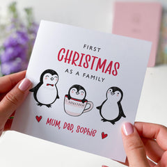 First Christmas As A Family Card Mum Dad And Baby Xmas Gift Card For Him Her Family Xmas Cute Card With Penguins Baby Name New Parents