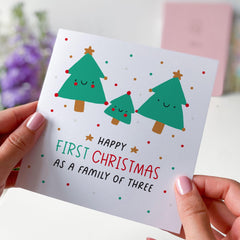 Happy First Christmas As A Family Of Three Card Mummy Daddy And Baby Cute Xmas Trees Family 1St Christmas With Baby Xmas New Mum Dad Card