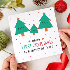 Happy First Christmas As A Family Of Three Card Mummy Daddy And Baby Cute Xmas Trees Family 1St Christmas With Baby Xmas New Mum Dad Card