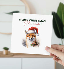 Personalised Merry Christmas Card With Name Cute Fox In Santa Hat Xmas Cards For Him Her Friend Mum Dad Auntie Uncle Grandma Grandad Nanny