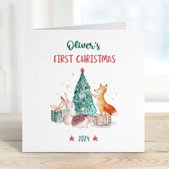 Personalised First Christmas Card With Name Cute Woodland Animals 1St Xmas Card For Baby Son Daughter Grandson Granddaughter Nephew Niece