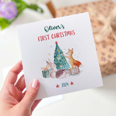 Personalised First Christmas Card With Name Cute Woodland Animals 1St Xmas Card For Baby Son Daughter Grandson Granddaughter Nephew Niece