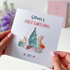 Personalised First Christmas Card With Name Cute Woodland Animals 1St Xmas Card For Baby Son Daughter Grandson Granddaughter Nephew Niece