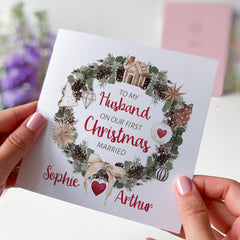 To My Wife On Our First Christmas Married Gift Card With Names 1St Christmas Gift Card Floral Design To Wife Romantic Card