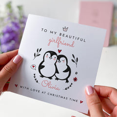 To My Beautiful Girlfriend With Love At Christmas Time Gift Card With Name And Cute Penguins Romantic Xmas Card For Girlfriend Wife Fiancee